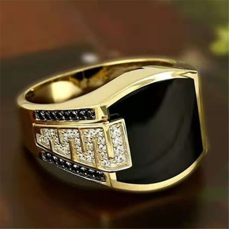 Men's Ring Golden Wide Face With Black Crystal Jewelry For Party ...